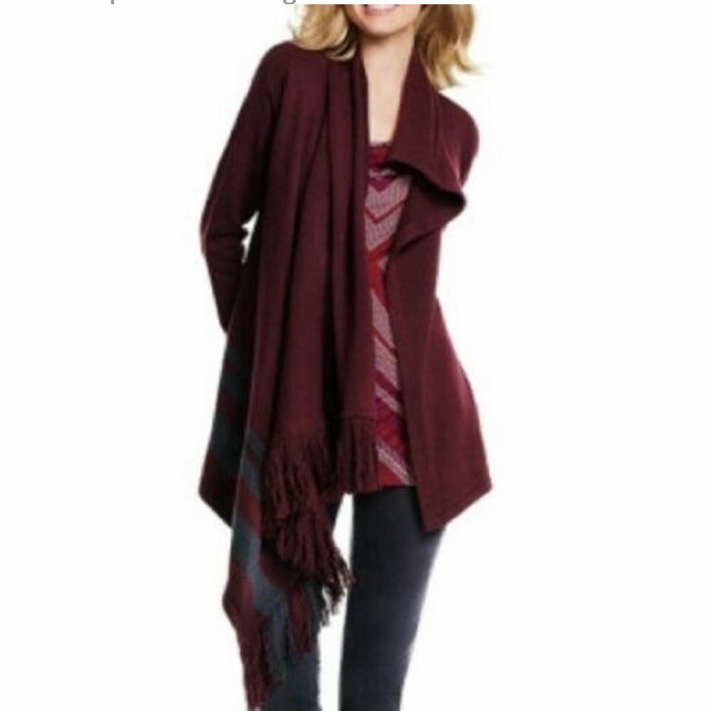Cabi Burgundy with Grey Accent Fringe Wrap Cardigan/Sweater Size Medium